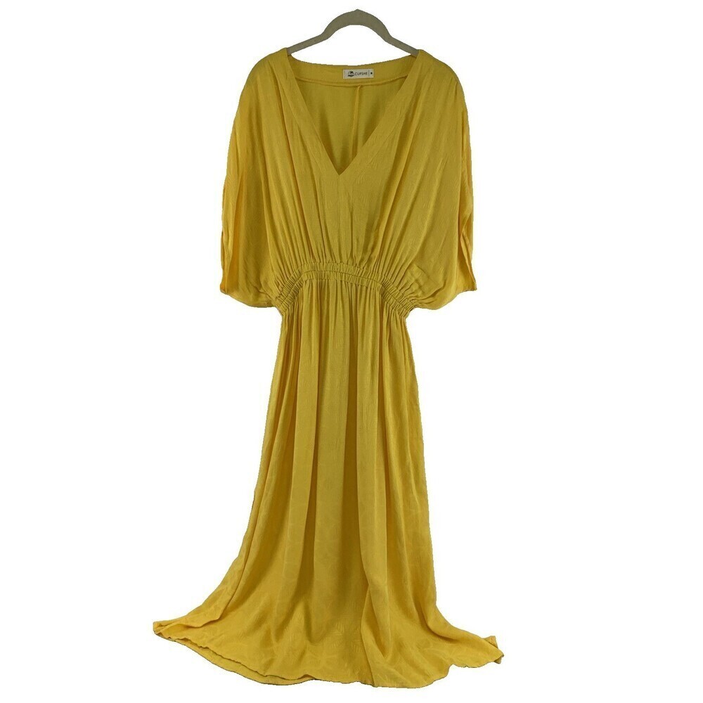 Cupshe Yellow Beach Cover Upβ Dress V-Neck Dolman Sleeve Side Slits Rayon Medium